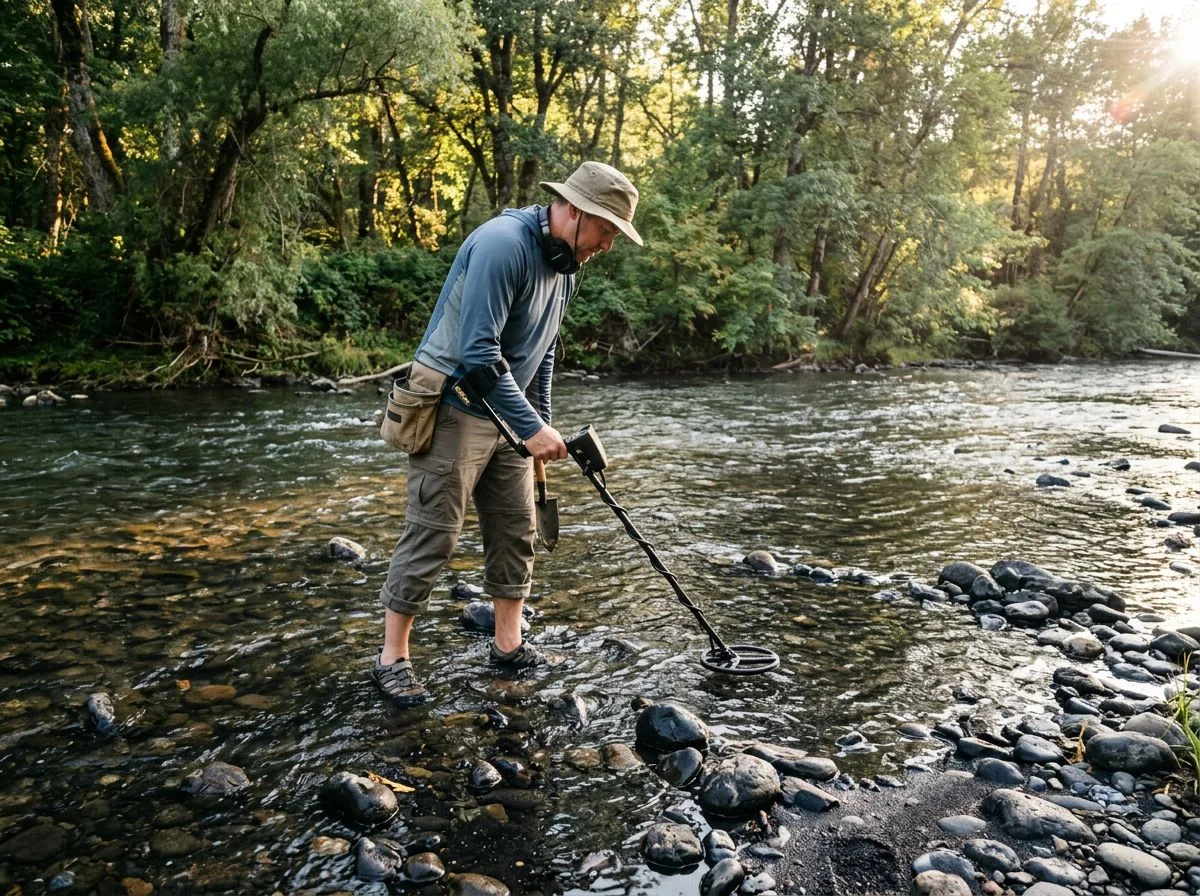 Detectorist sweeping a small coil detector in shallow river water over black sand