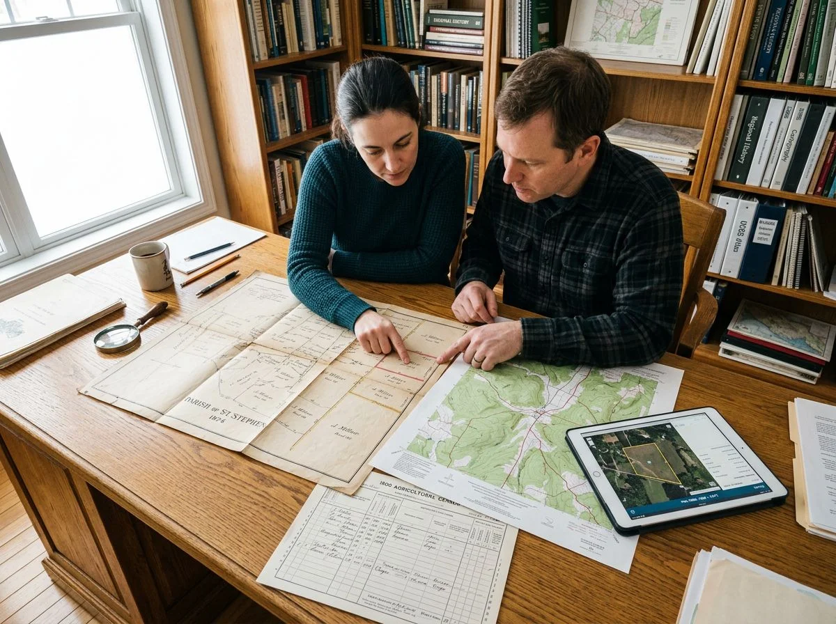 Two researchers comparing a 19th-century cadastral map with a modern topographic map and digital parcel viewer on a desk