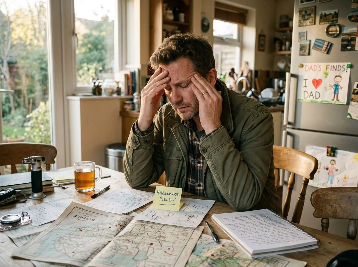 Middle-aged man at a kitchen table covered in maps and notes, looking frustrated while trying to remember a detecting site