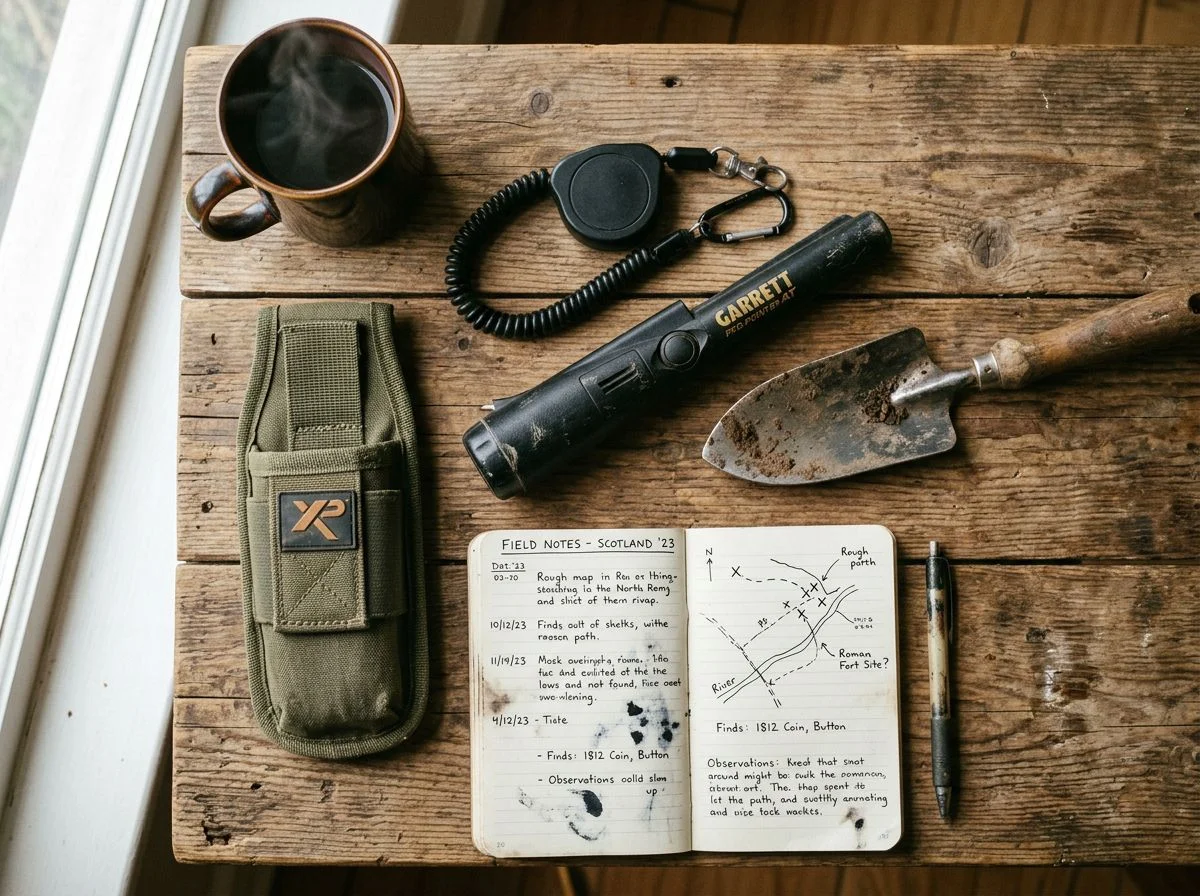 Overhead view of metal detecting gear including a pinpointer, holster, lanyard, trowel, and notebook on a wooden table
