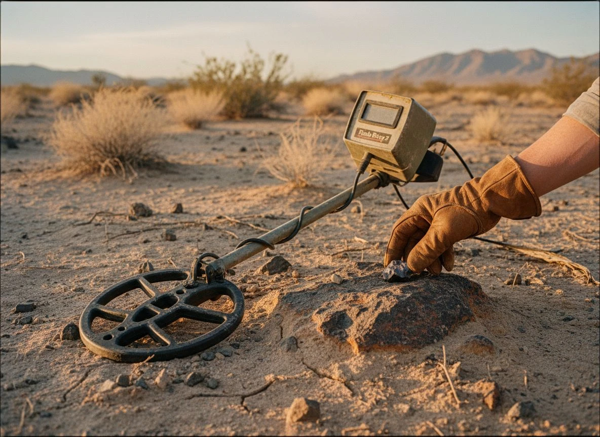 Fisher Gold Bug 2 metal detector with small meteorite fragment in desert soil at golden hour