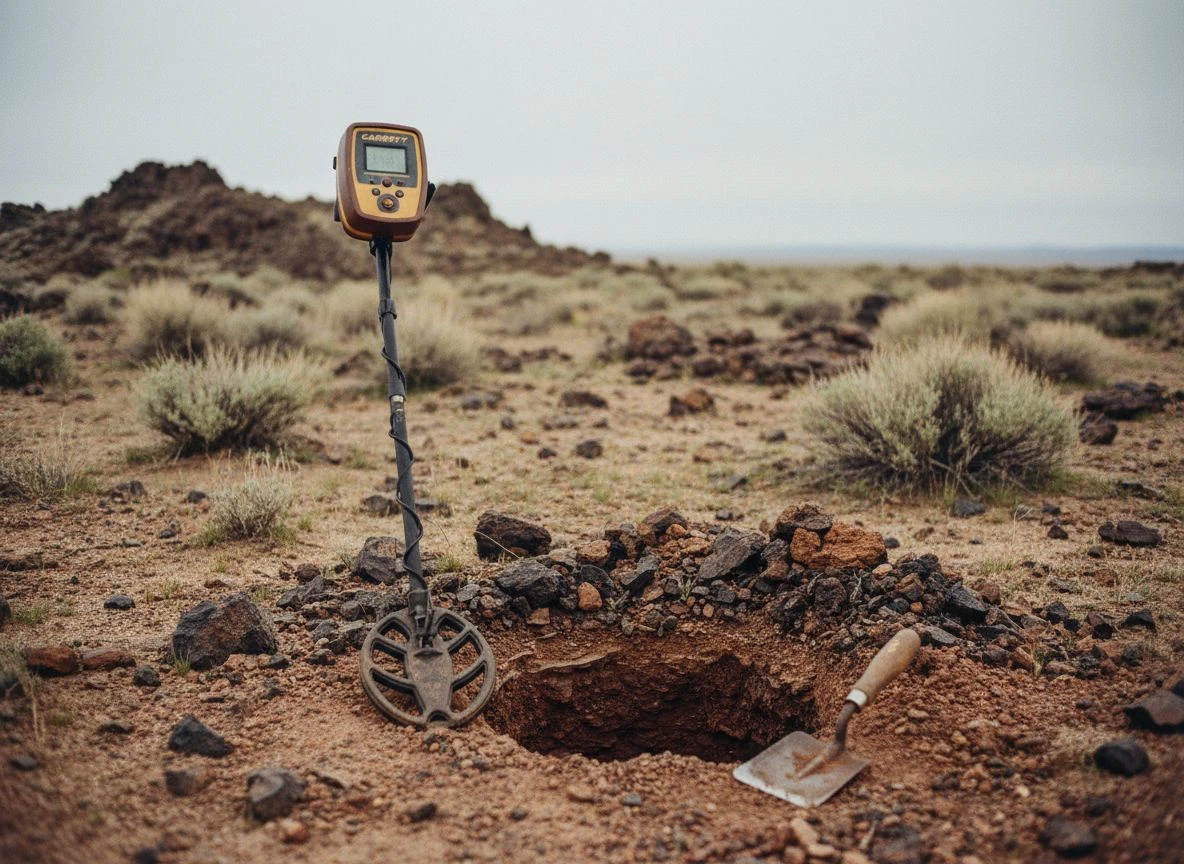 Garrett Axiom Lite PI detector beside a deep meteorite dig hole in mineralized desert
