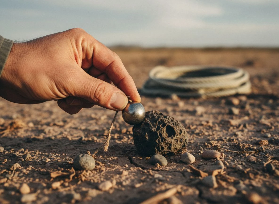Hand using rare-earth magnet to test a rock for meteorite during field hunt