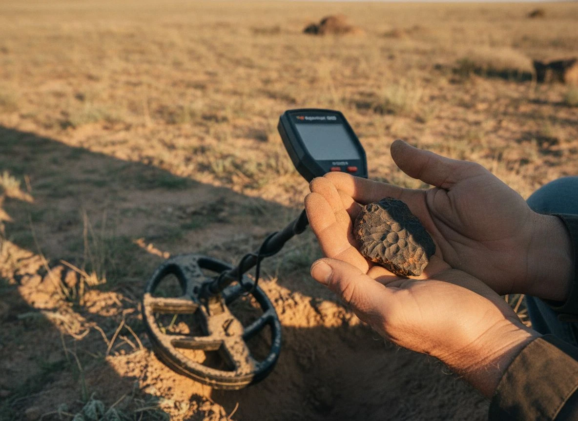 Minelab Equinox 800 and found meteorite fragment in palm during field hunt