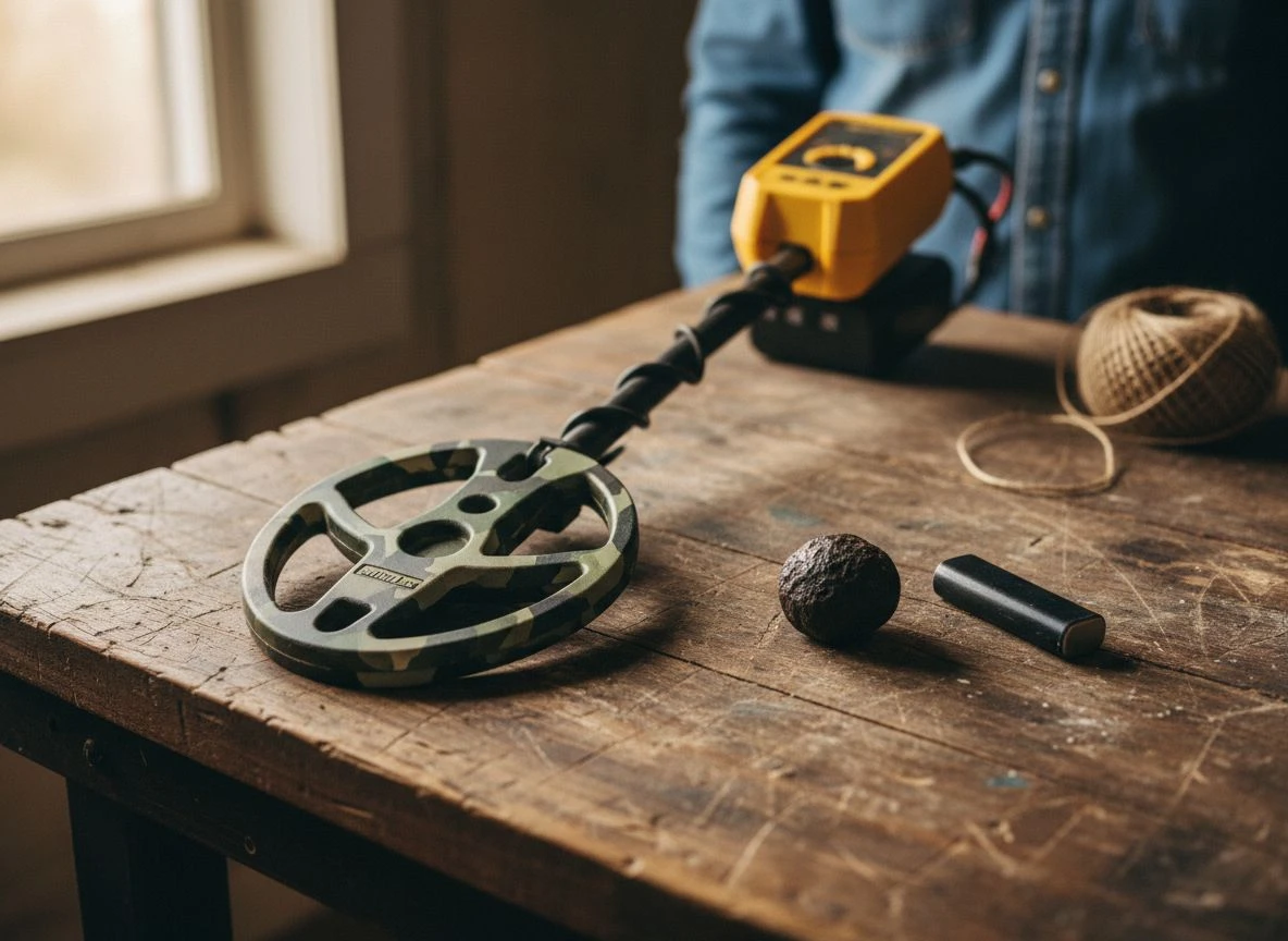 Minelab Gold Monster 1000 with meteorite and magnet on weathered workbench