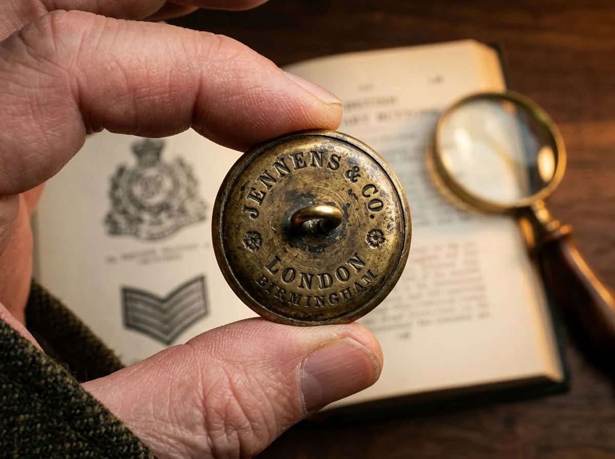 Back of a 19th-century military button showing a faint manufacturer's backmark