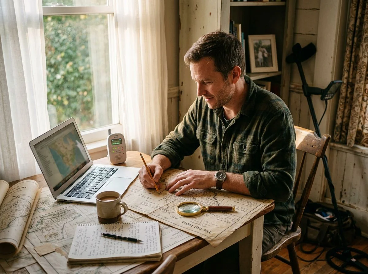 Father researching historical maps on a laptop at a kitchen table while a baby monitor sits nearby during naptime