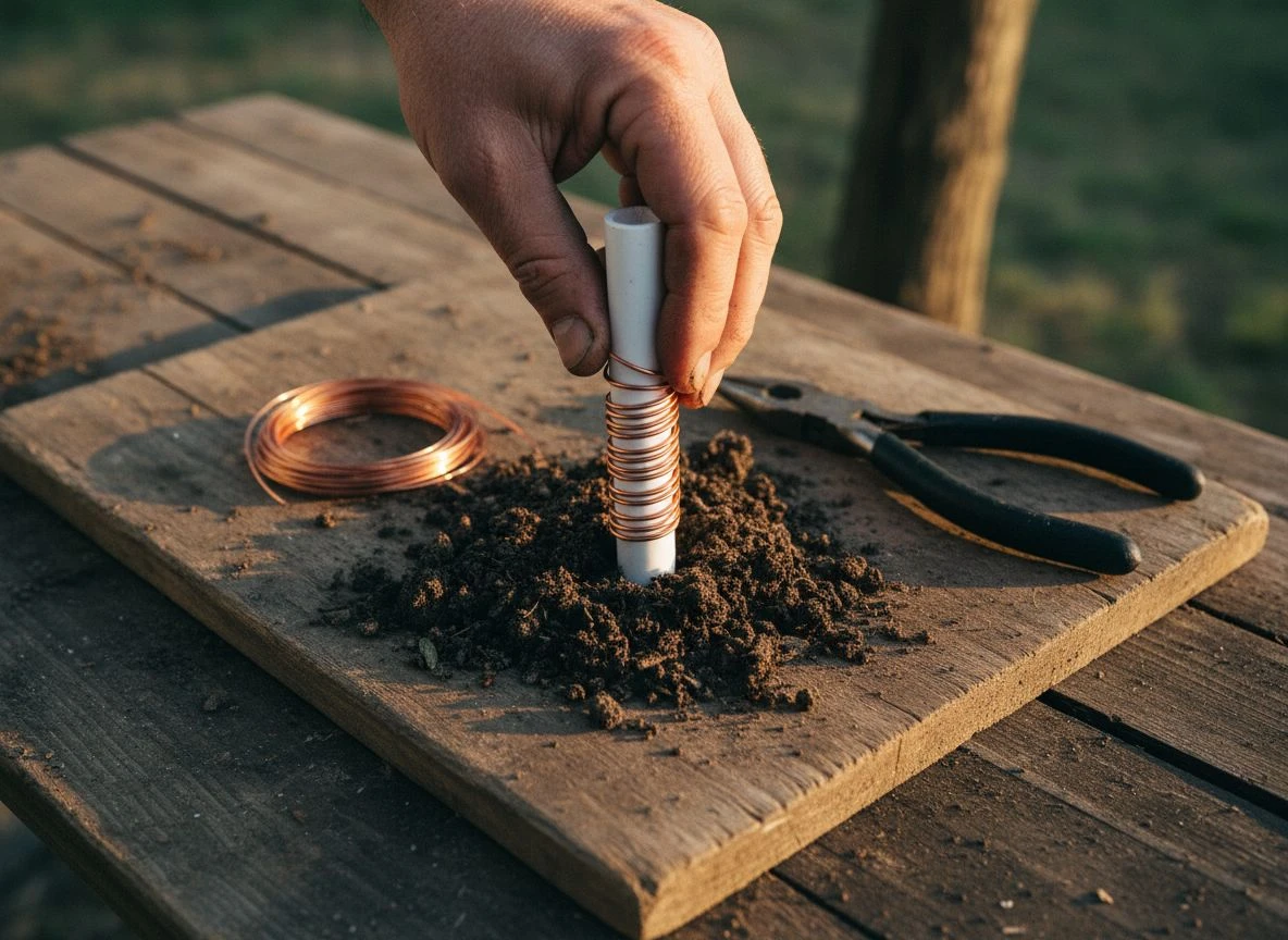 Close-up of a weathered hand wrapping copper wire around a PVC stake in dark soil on a wooden workbench.