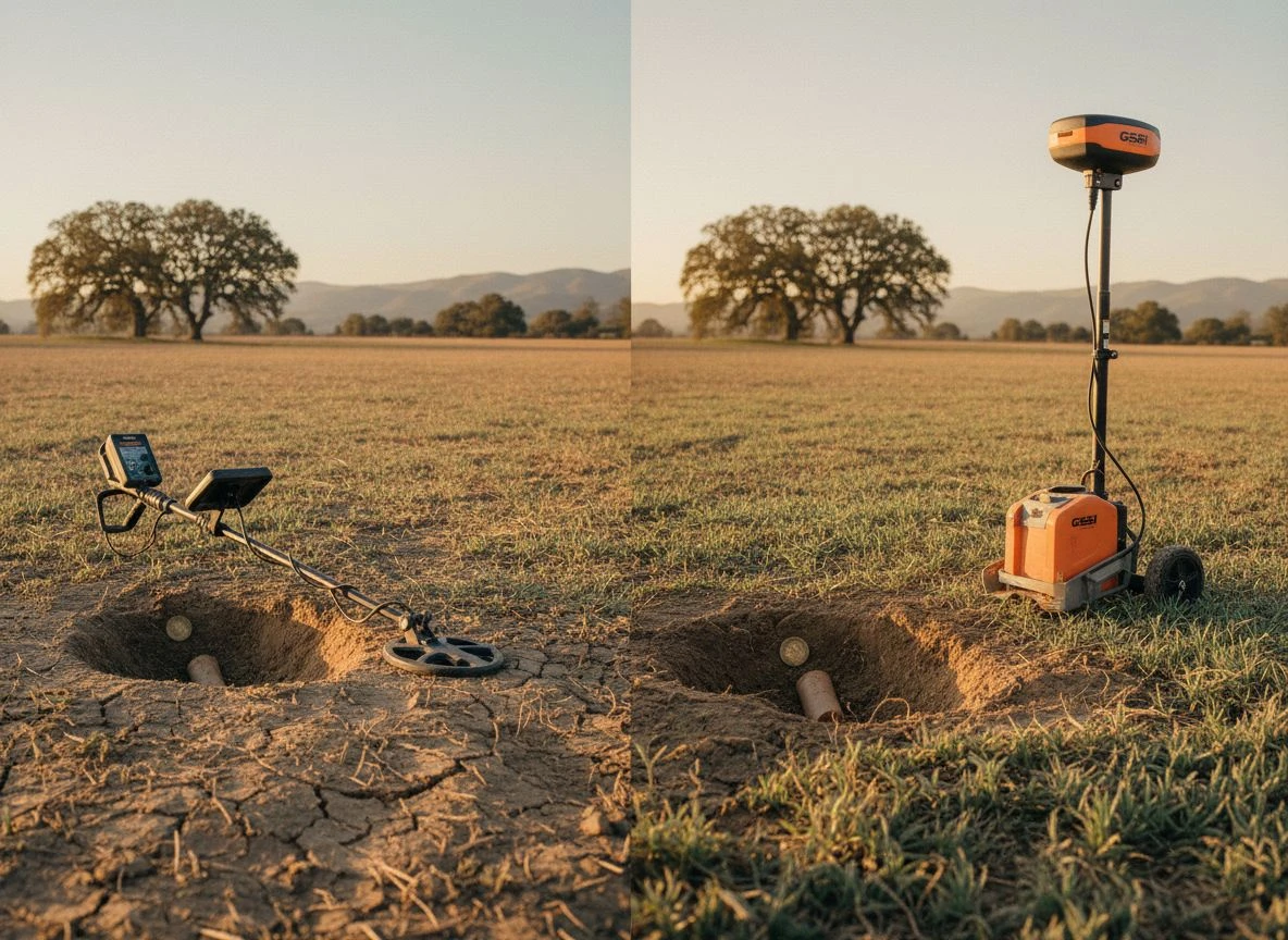 Metal detector and ground penetrating radar unit side by side next to a trench revealing buried metallic and non-metallic objects in a field at golden hour.