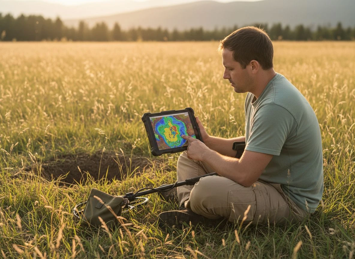 Detectorist sitting in a field at golden hour looking at a tablet with a GPR overlay map while holding a metal detector.