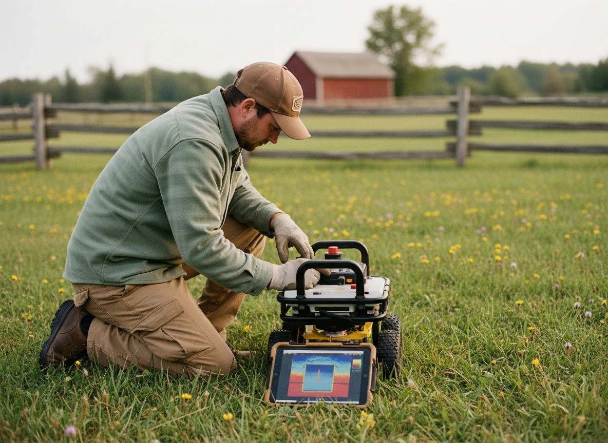 Operator kneeling with ground penetrating radar cart on a grassy field, tablet displaying subsurface scan of a stone foundation.
