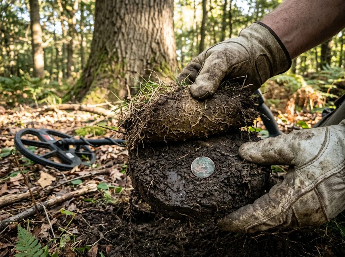 Dirty gloved hands peeling back a layer of sod to reveal a tarnished historical flat button in the darker soil underneath.