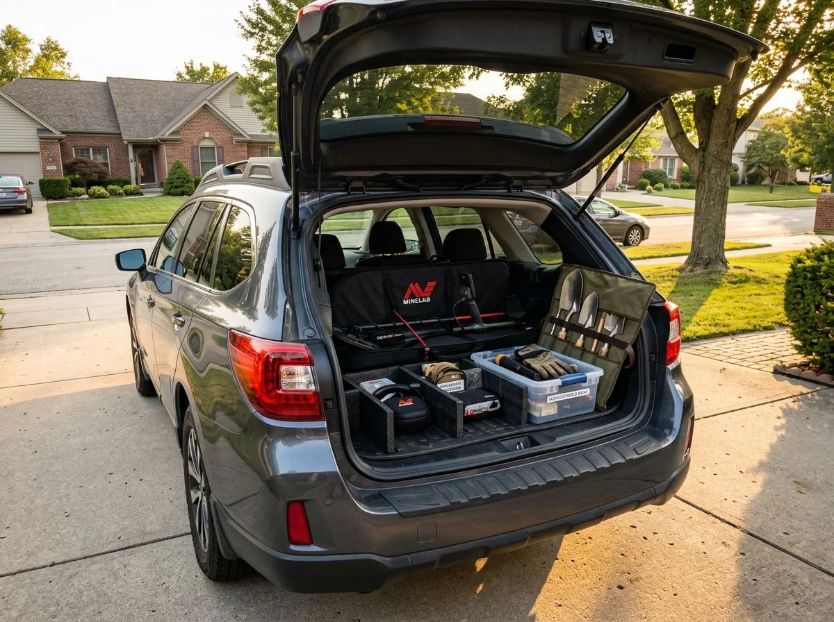 Open SUV trunk showing neatly organized metal detecting gear including detector case, digging tools, and accessories secured with bungee cords.