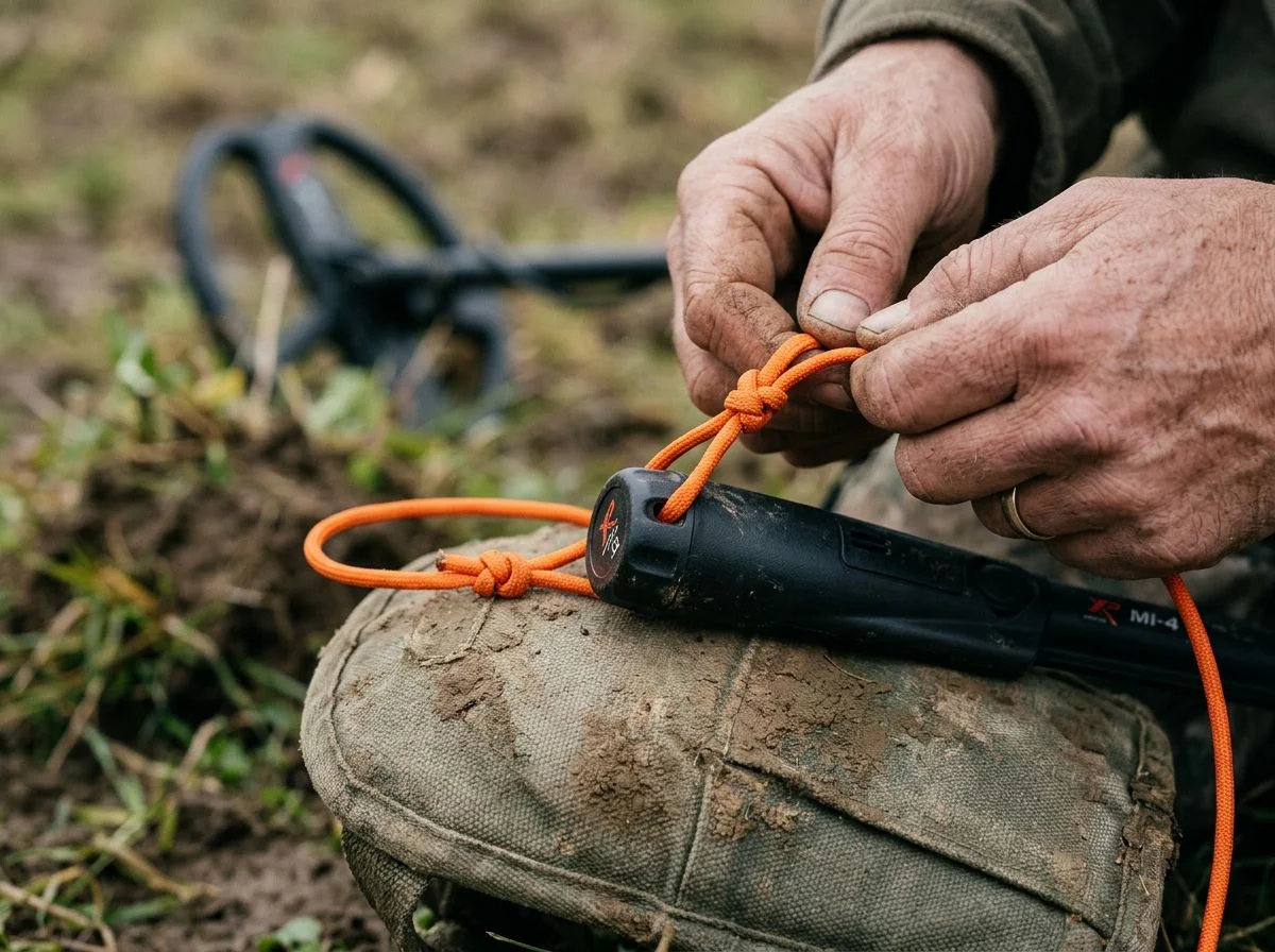 Hands threading orange paracord through a pinpointer lanyard hole as a DIY retention fix