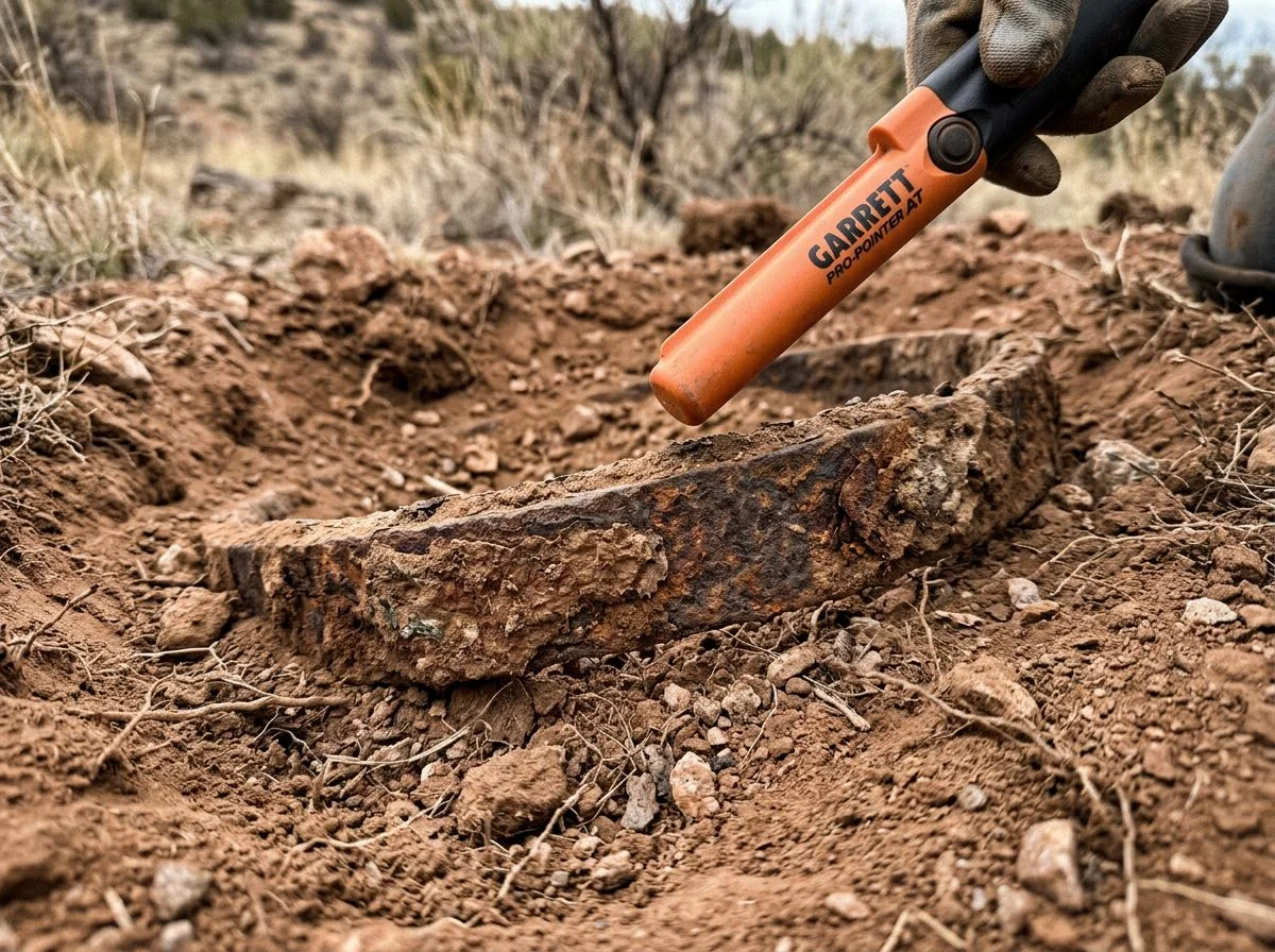 Partially buried pioneer wagon hub band exposed in dry dirt with a metal detecting pinpointer above it