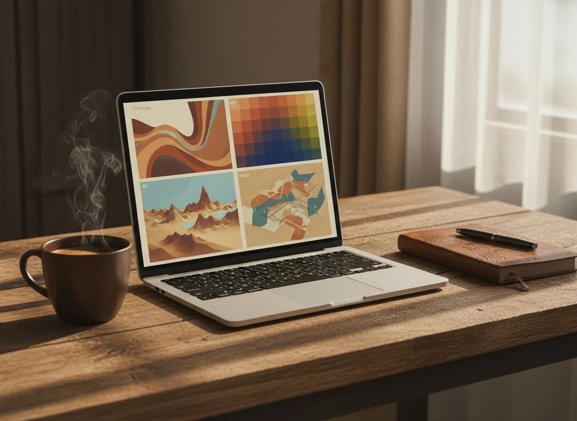 Laptop screen showing four abstract data visualization modes on a wooden desk