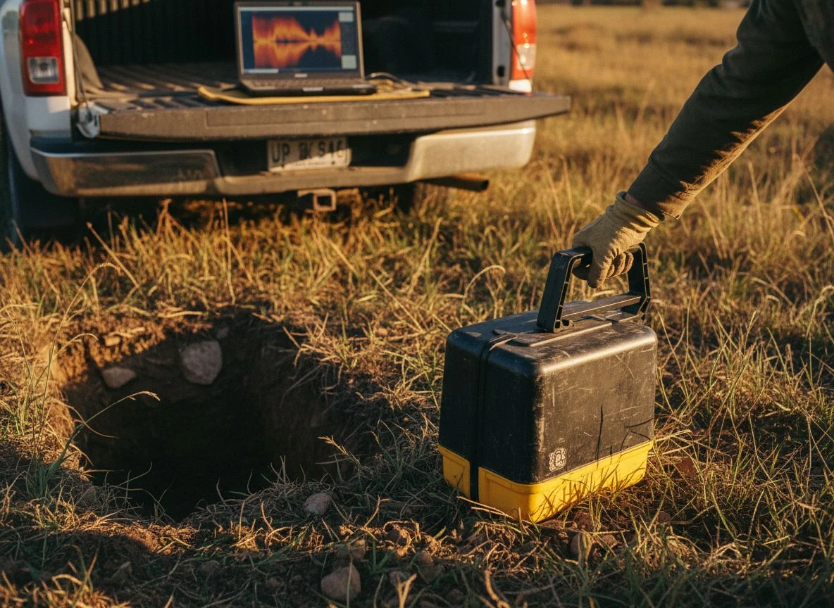 Hand holding GPR antenna with laptop showing radargram on truck tailgate at sunset