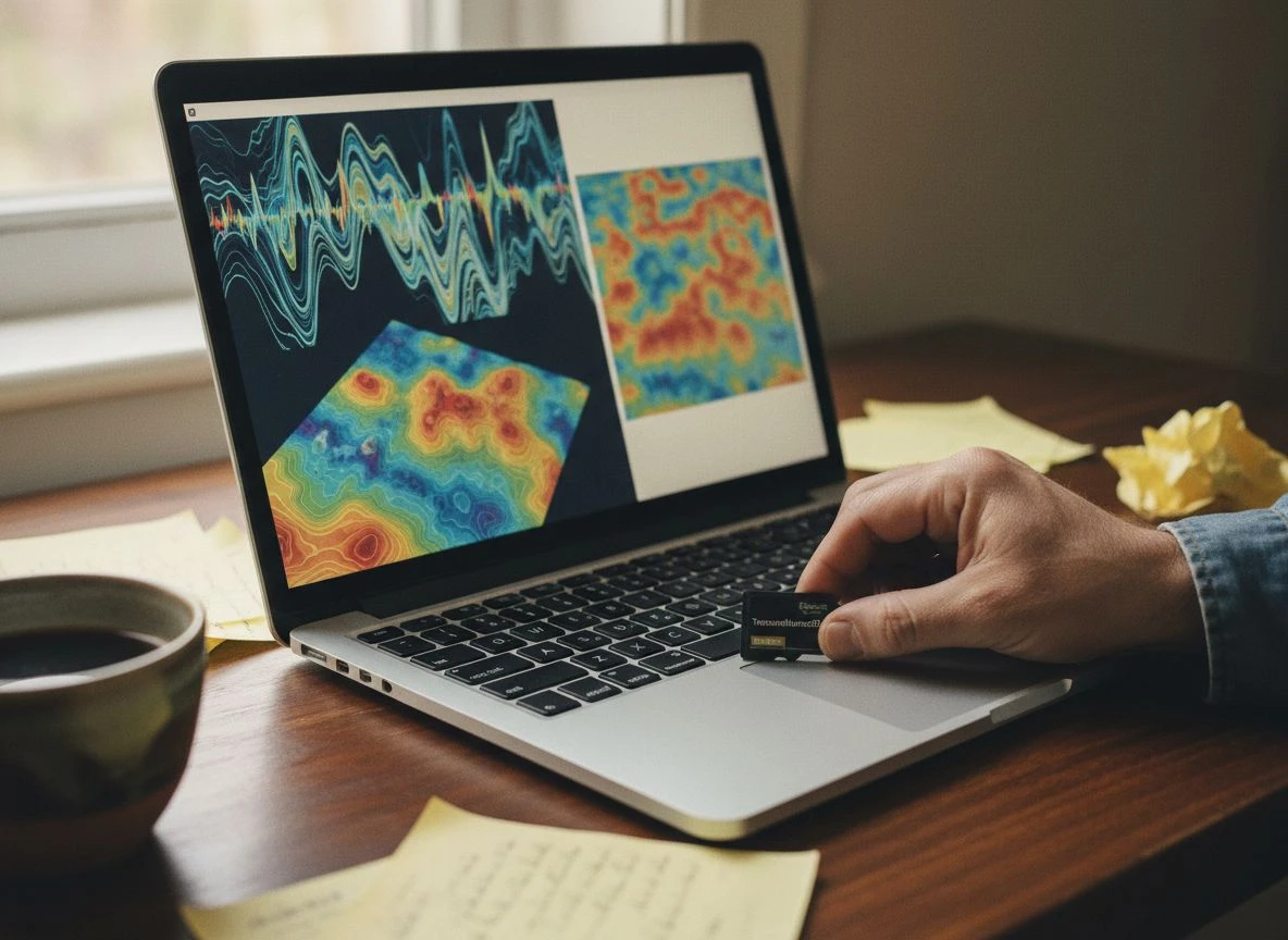 Hand inserting SD card into laptop with colorful data visualization on screen
