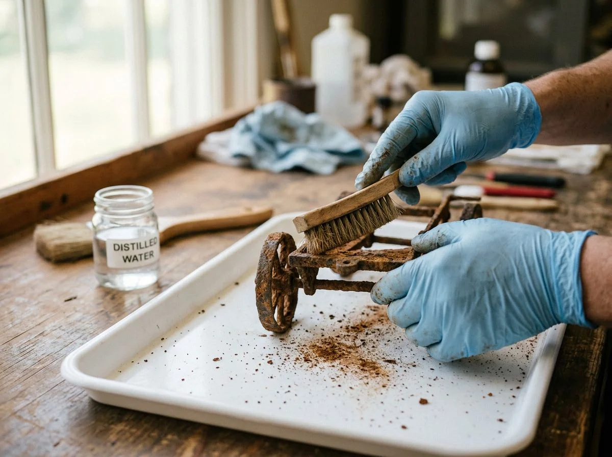Gloved hands brushing rust from a small iron wagon relic over a white tray