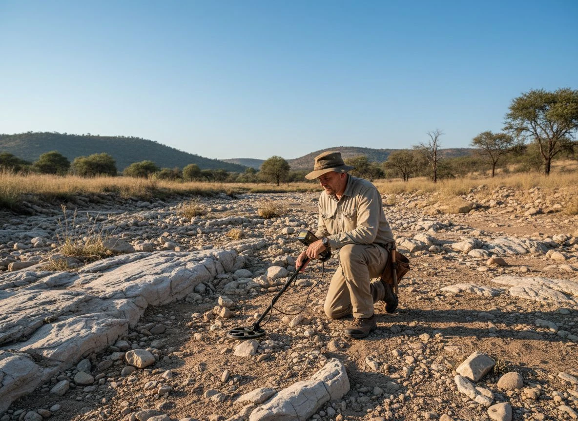 A prospector using a pulse induction metal detector to search for gold in a dry creek bed.