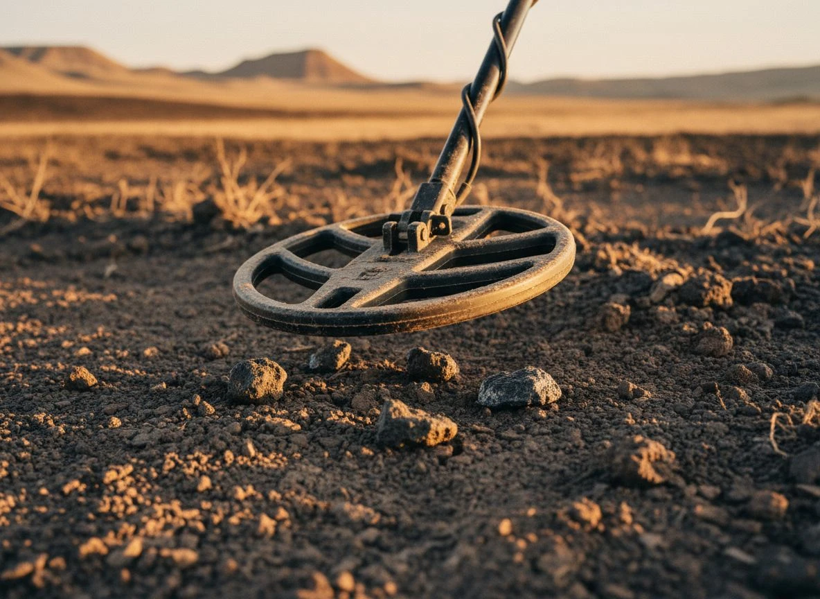 Close-up of a pulse induction detector coil over challenging, mineralized volcanic soil in a goldfield.
