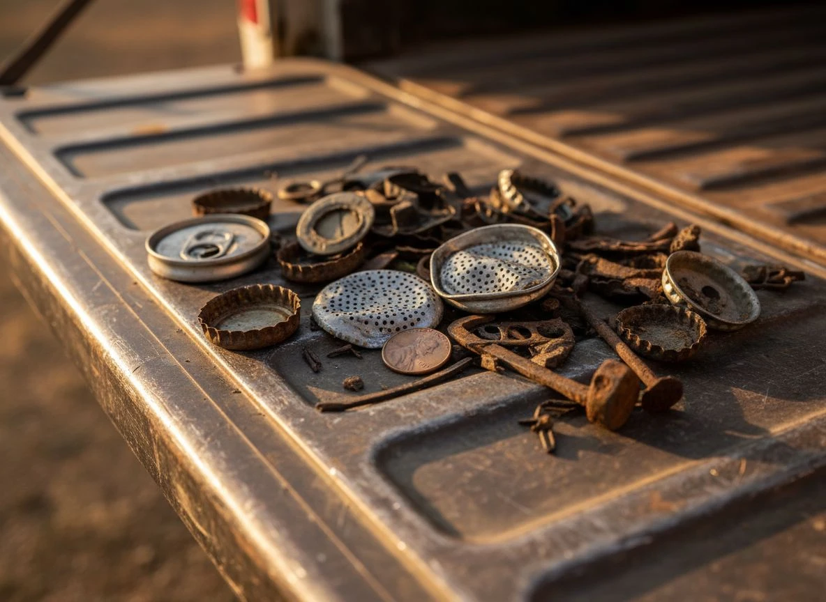 A pile of rusty bottle caps, pull-tabs, and trash metal finds with one old coin mixed in.