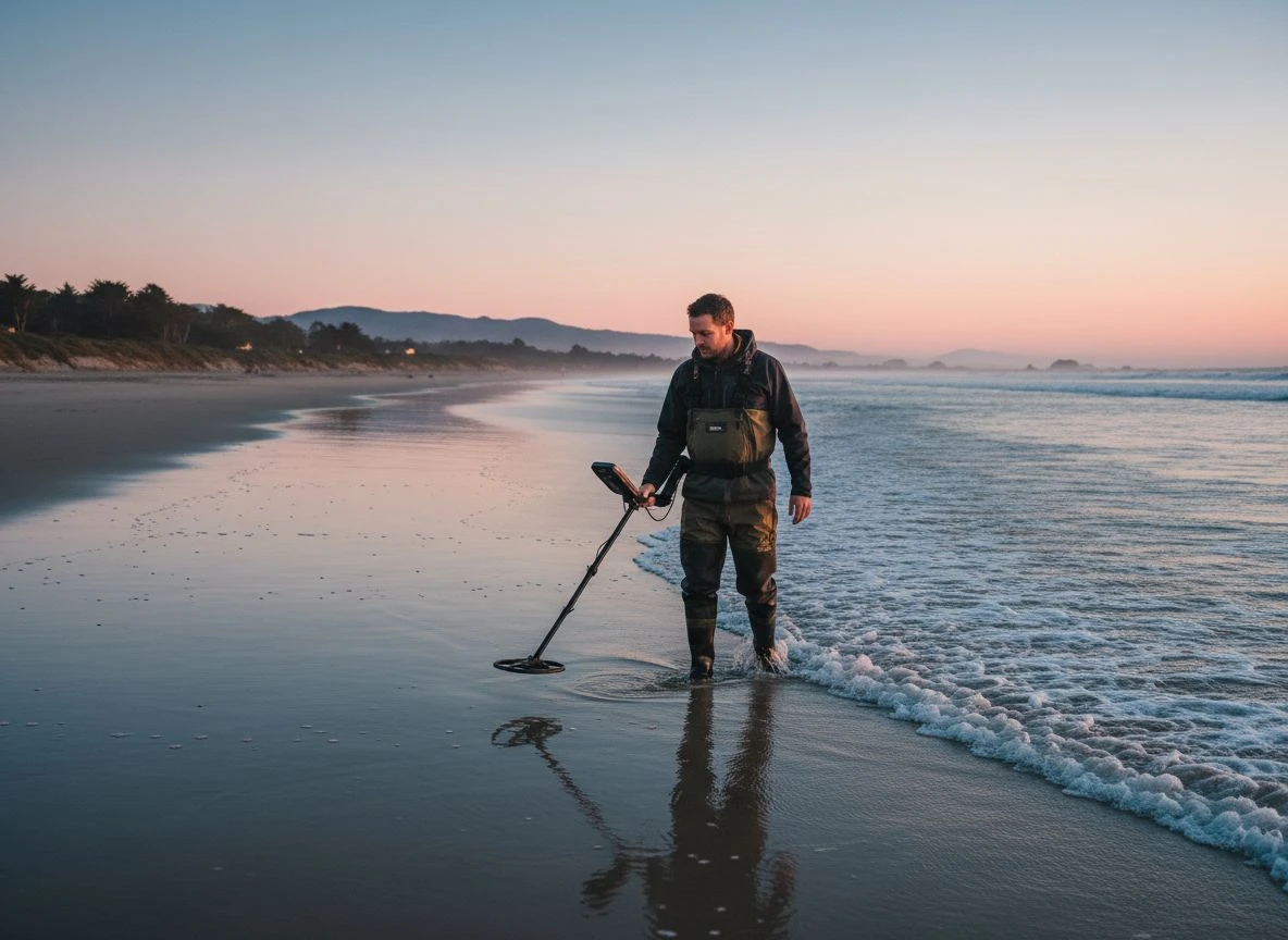 A detectorist uses a multi-frequency VLF detector in the wet surf at dawn on a California beach.