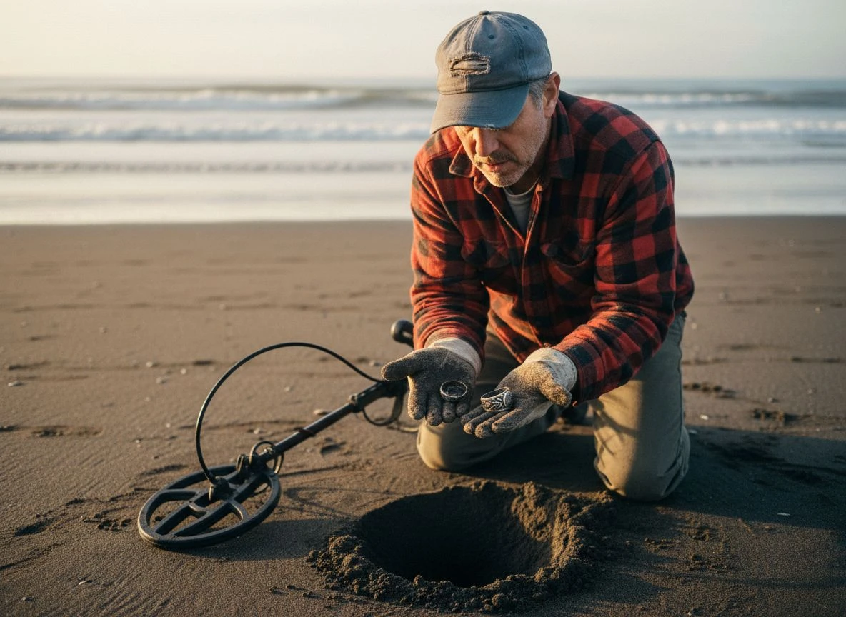 A detectorist kneels on a black sand beach at sunset, holding a tarnished silver dime and ring found with his PI metal detector.