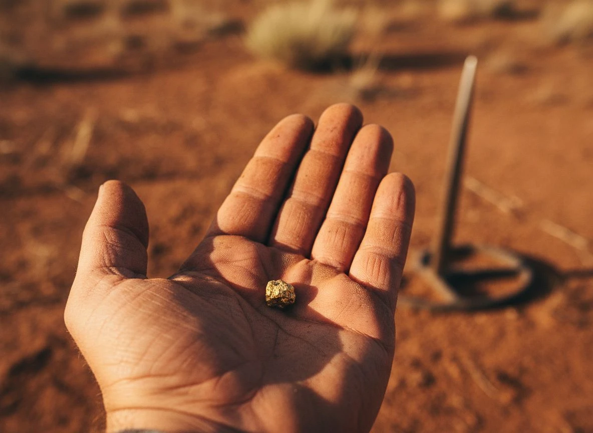 A dirty hand holds a tiny, rough gold nugget found with a PI detector in red clay soil.