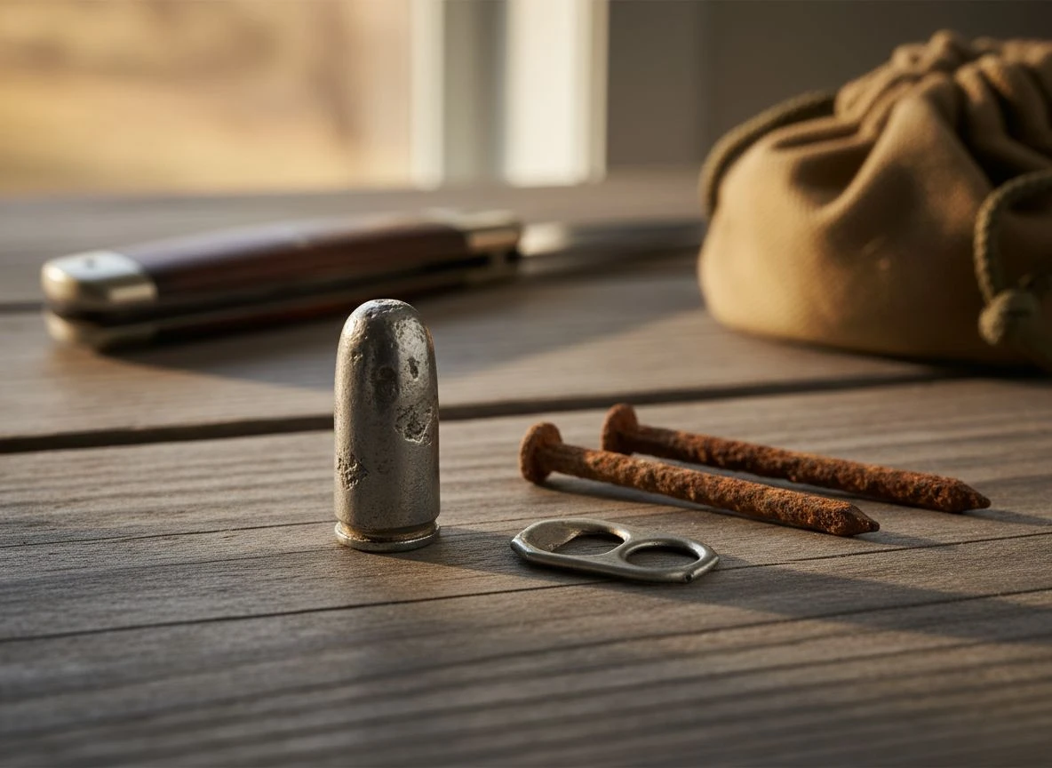 A Civil War bullet sits next to rusty nails and a pull-tab on weathered wood, showing discrimination in action.