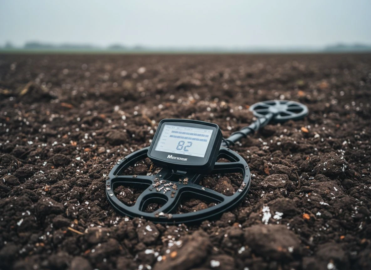 Close-up of a VLF detector's screen showing a high target ID, resting on dark, mineralized soil in a field.
