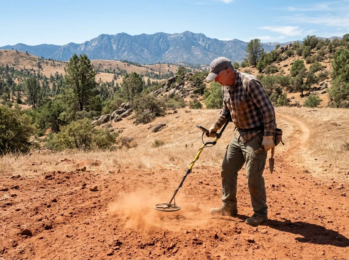 Detectorist performing the pump method of ground balancing over red clay soil in the Sierra foothills