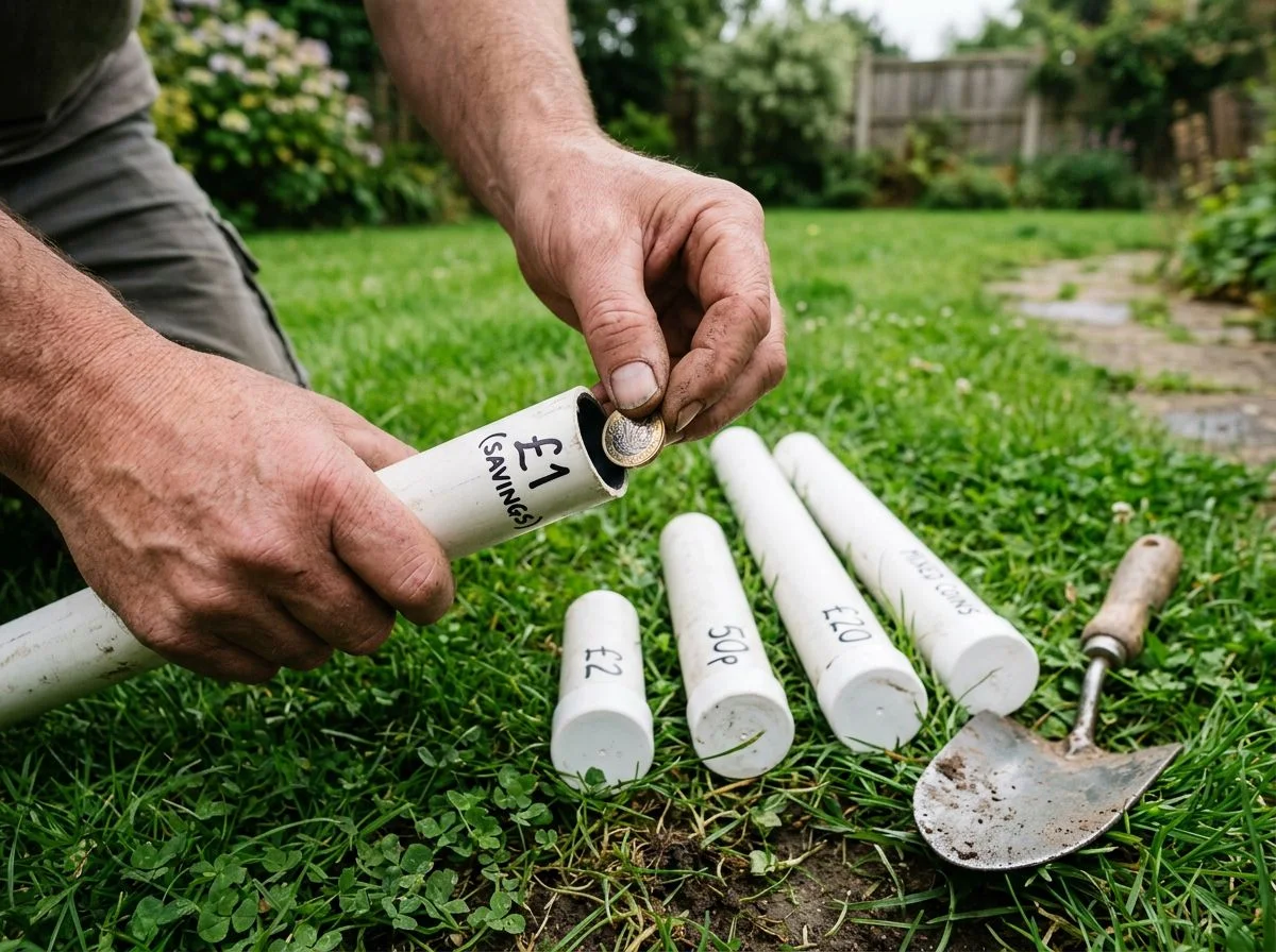Close-up of hands placing a coin into a labeled white PVC pipe used for adjustable-depth metal detecting targets