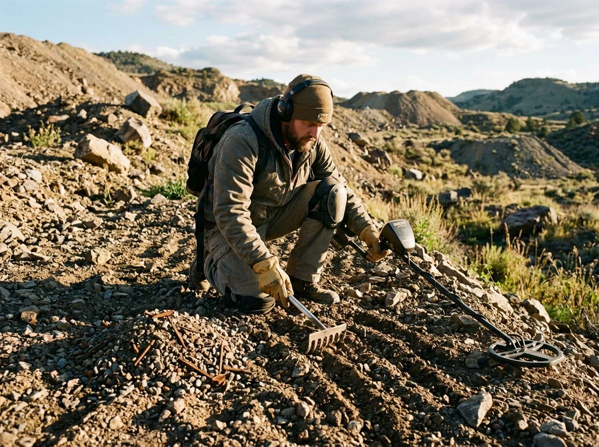 Detectorist using a hand rake and metal detector on a rocky tailings pile, late afternoon light