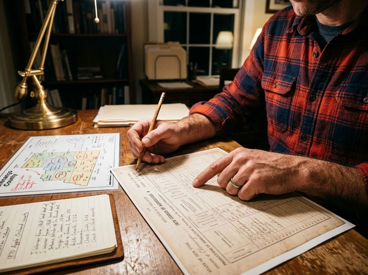 Hands tracing a column on an 1870 agricultural schedule form, with a county map and research notebook on a desk under warm lamp light