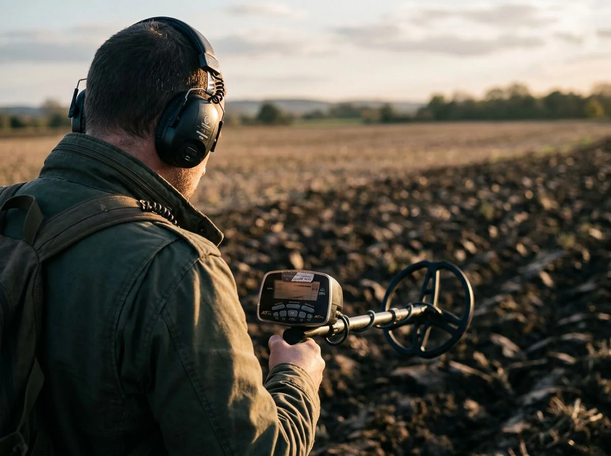 Detectorist wearing headphones sweeping a metal detector coil over a plowed field, seen from behind