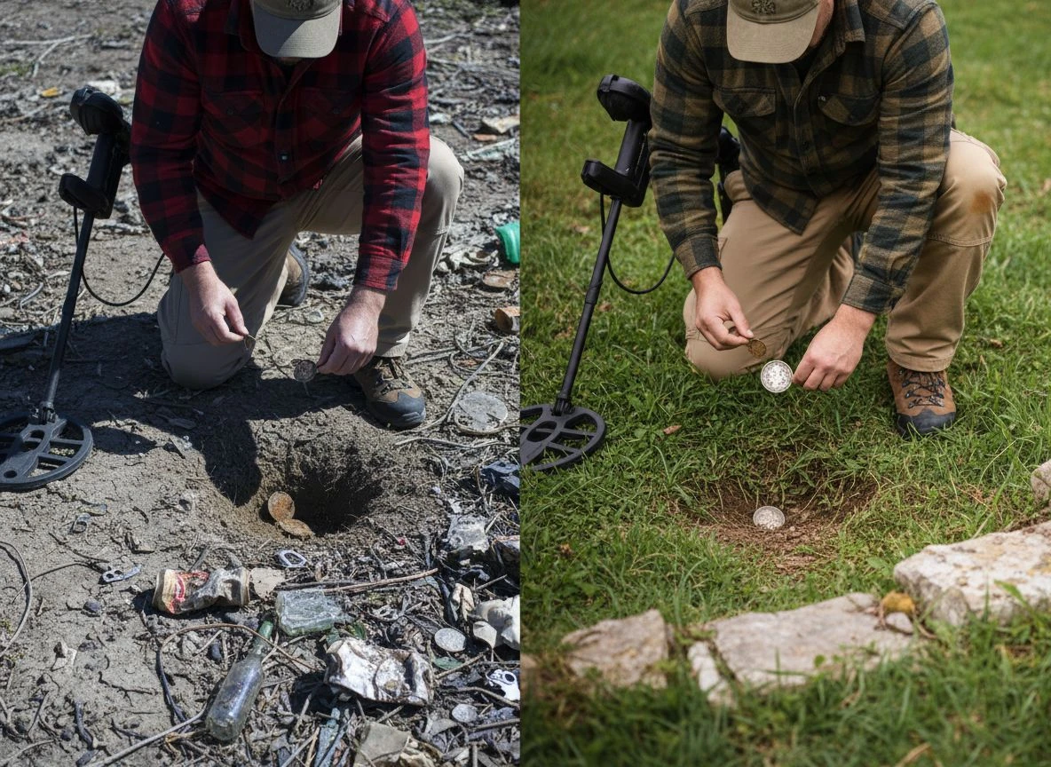Comparison of random detecting with trash find versus map-informed detecting with old coin find.