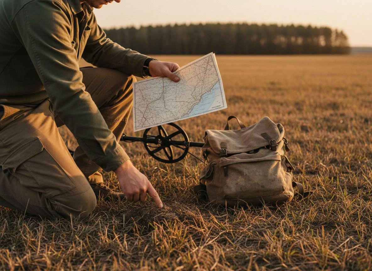 Detectorist studying vintage topo map in field, pointing to the ground.
