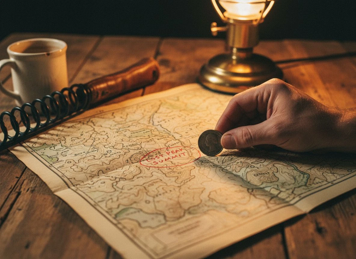 Vintage topo map with circled spot and silver coin find in hand.
