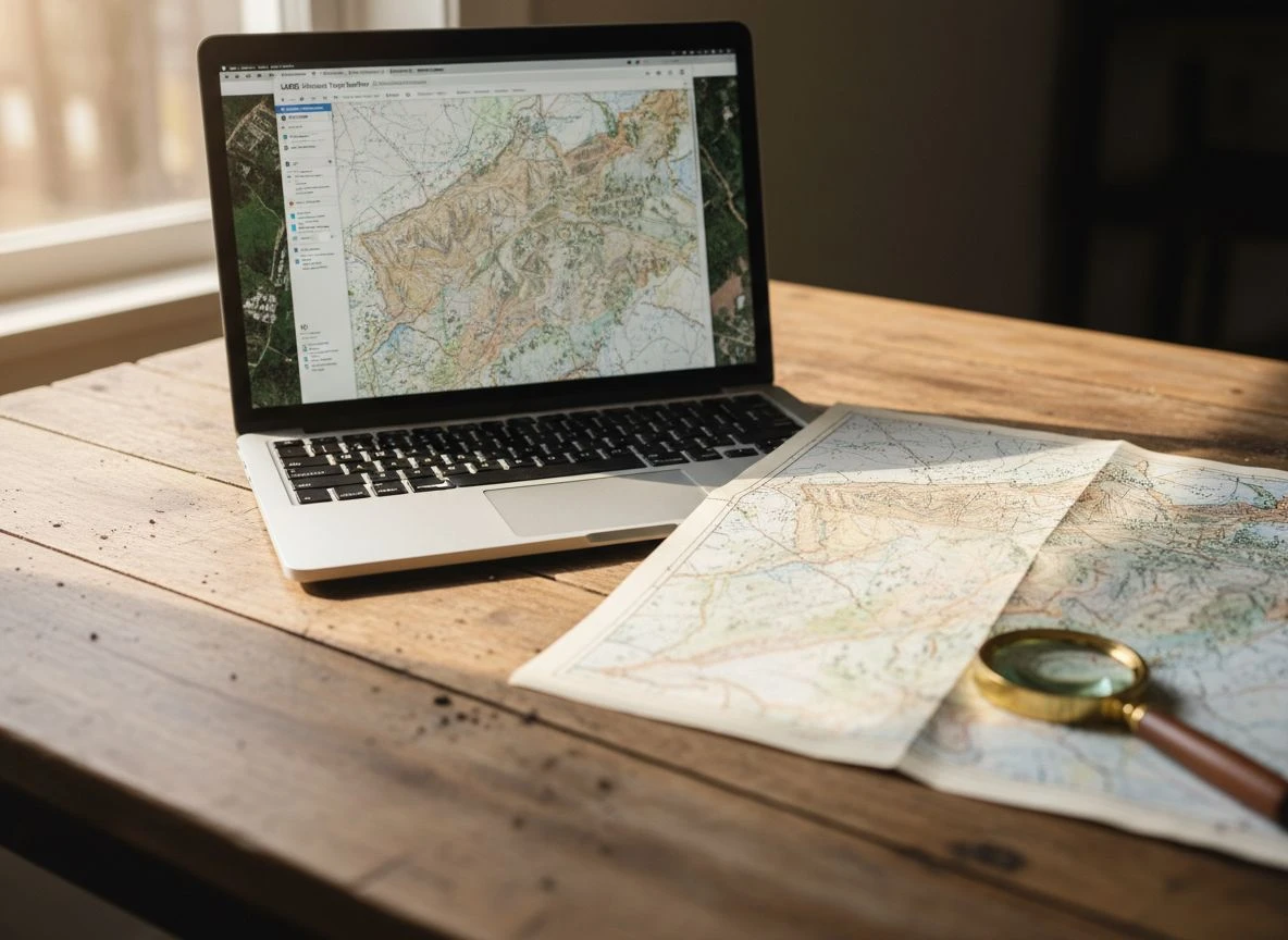 Laptop with USGS topo map tool and printed annotated map on wooden table.