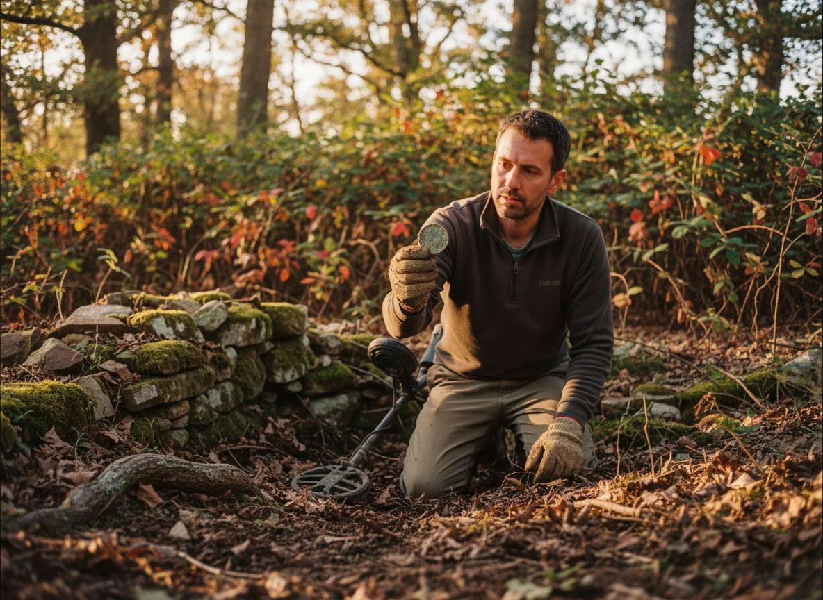 Detectorist kneeling in woods examines a crusty old silver coin next to a crumbled stone foundation, with his metal detector on the ground.