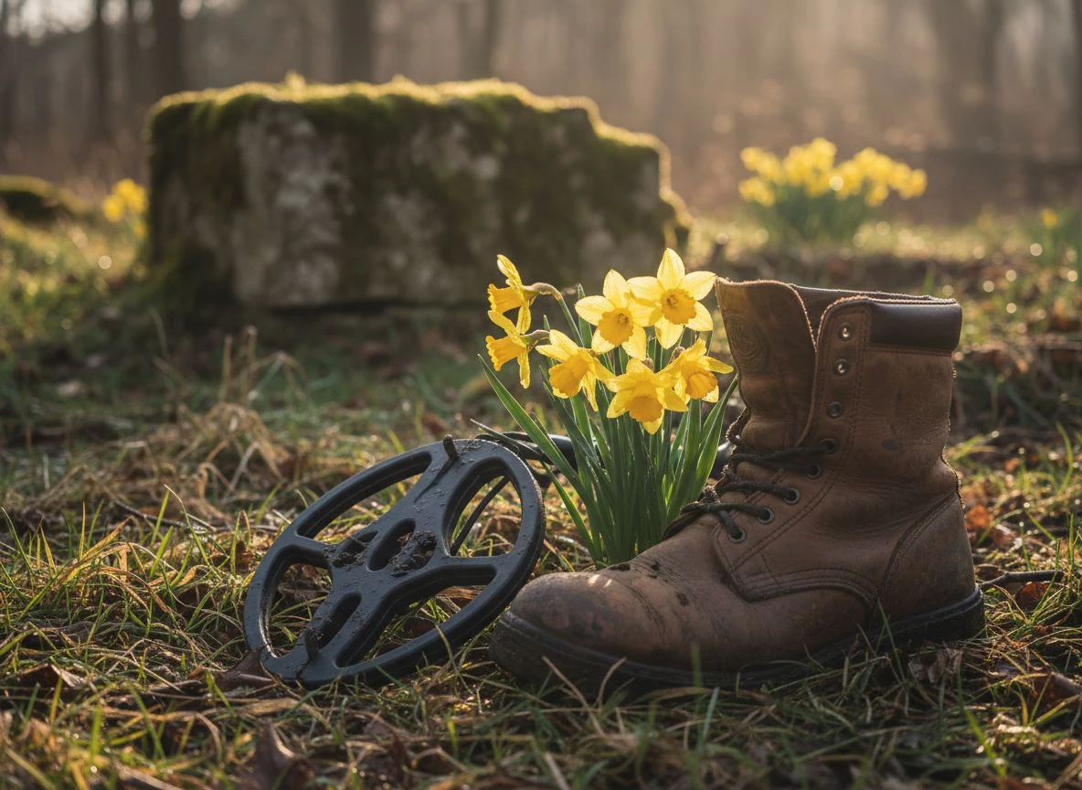 Close-up of daffodils and a detector coil near a mossy foundation stone in a spring forest.