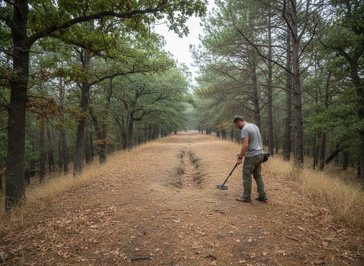 Detectorist scanning a flat, terrace-like area on a forested hillside, searching for signs of an old homesite.
