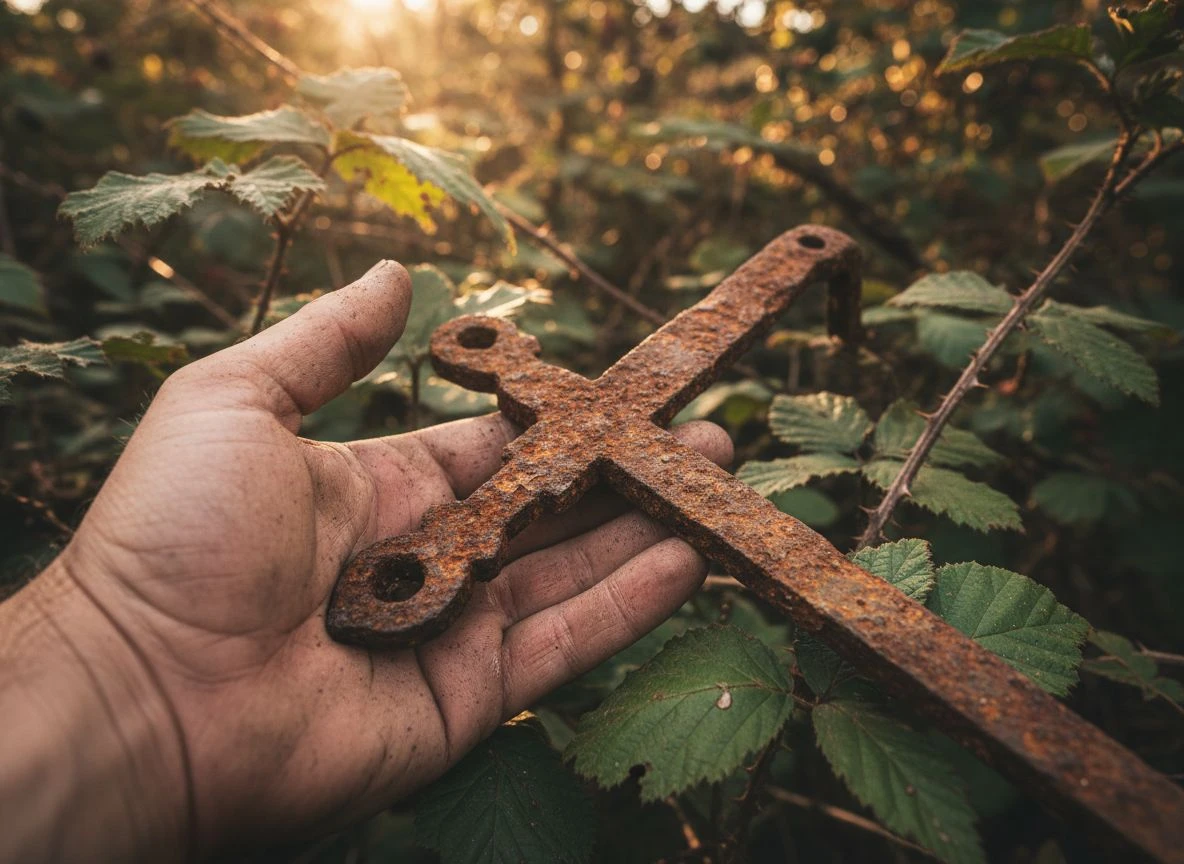 Close-up of a rusty old hinge held in a dirty hand, resting on blackberry leaves in a bramble patch.
