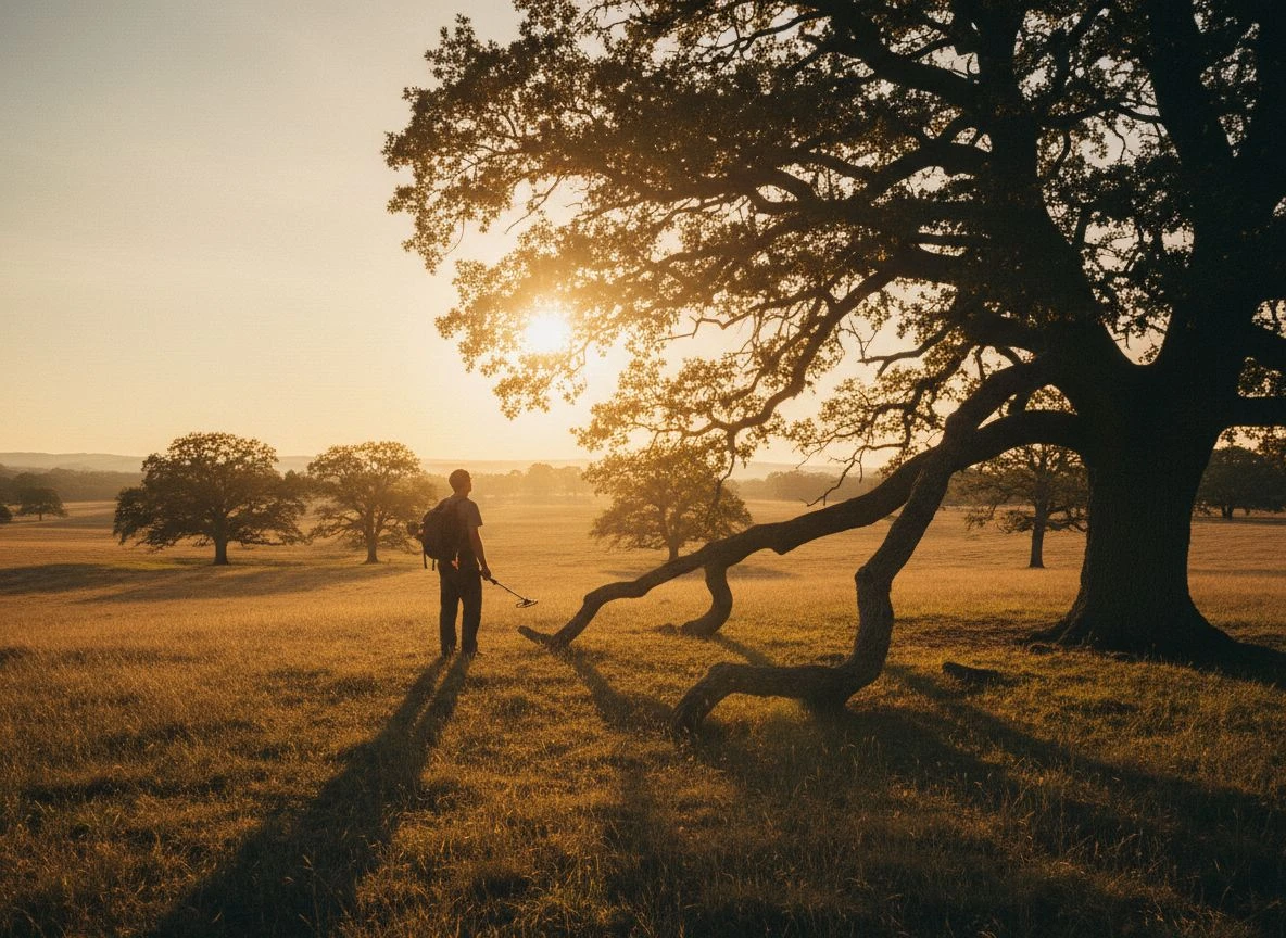 Silhouetted detectorist under a massive old oak tree, surveying a golden rolling landscape at sunset.