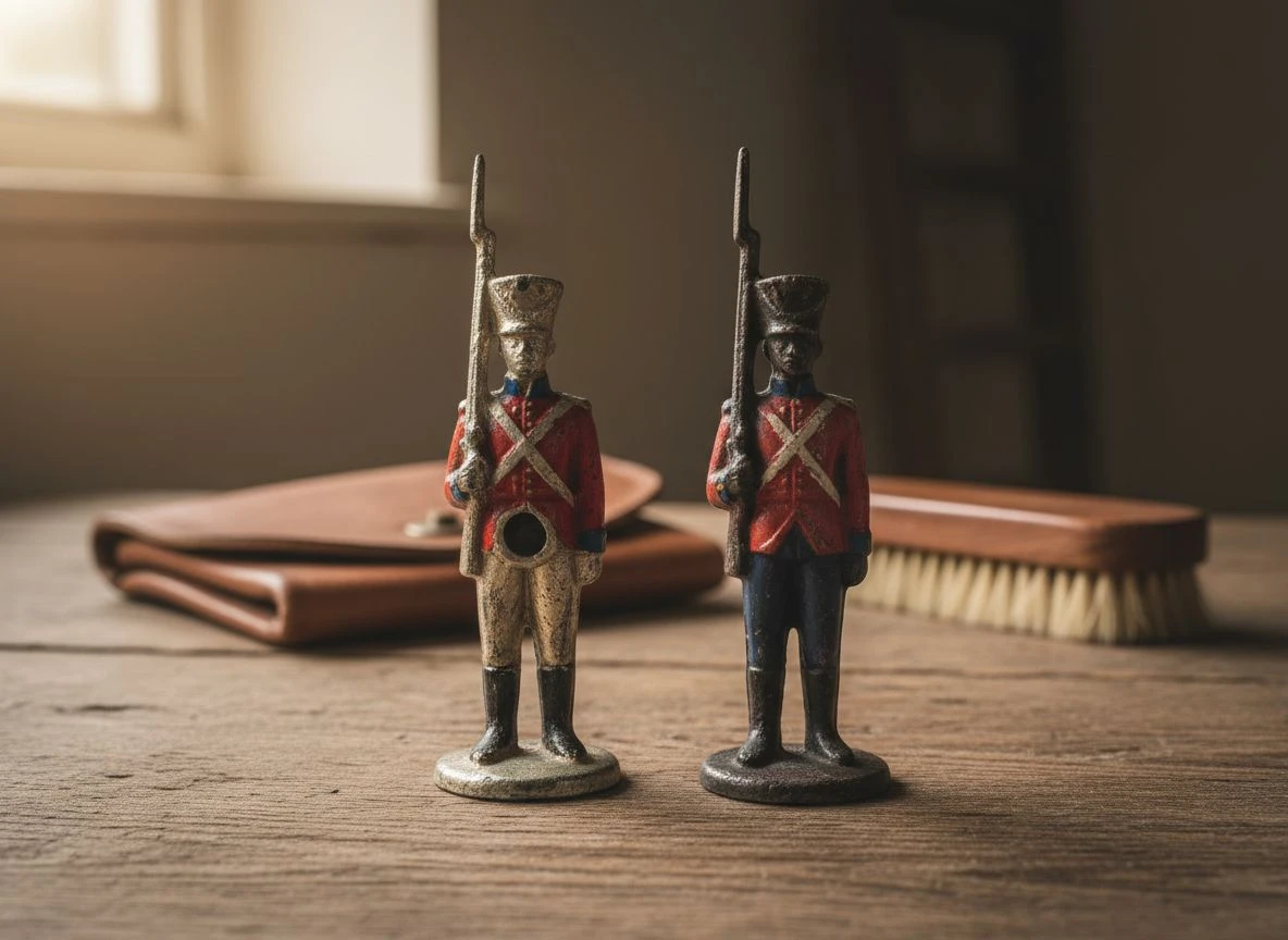 Comparison of hollow-cast and solid-cast lead toy soldiers on weathered wood.