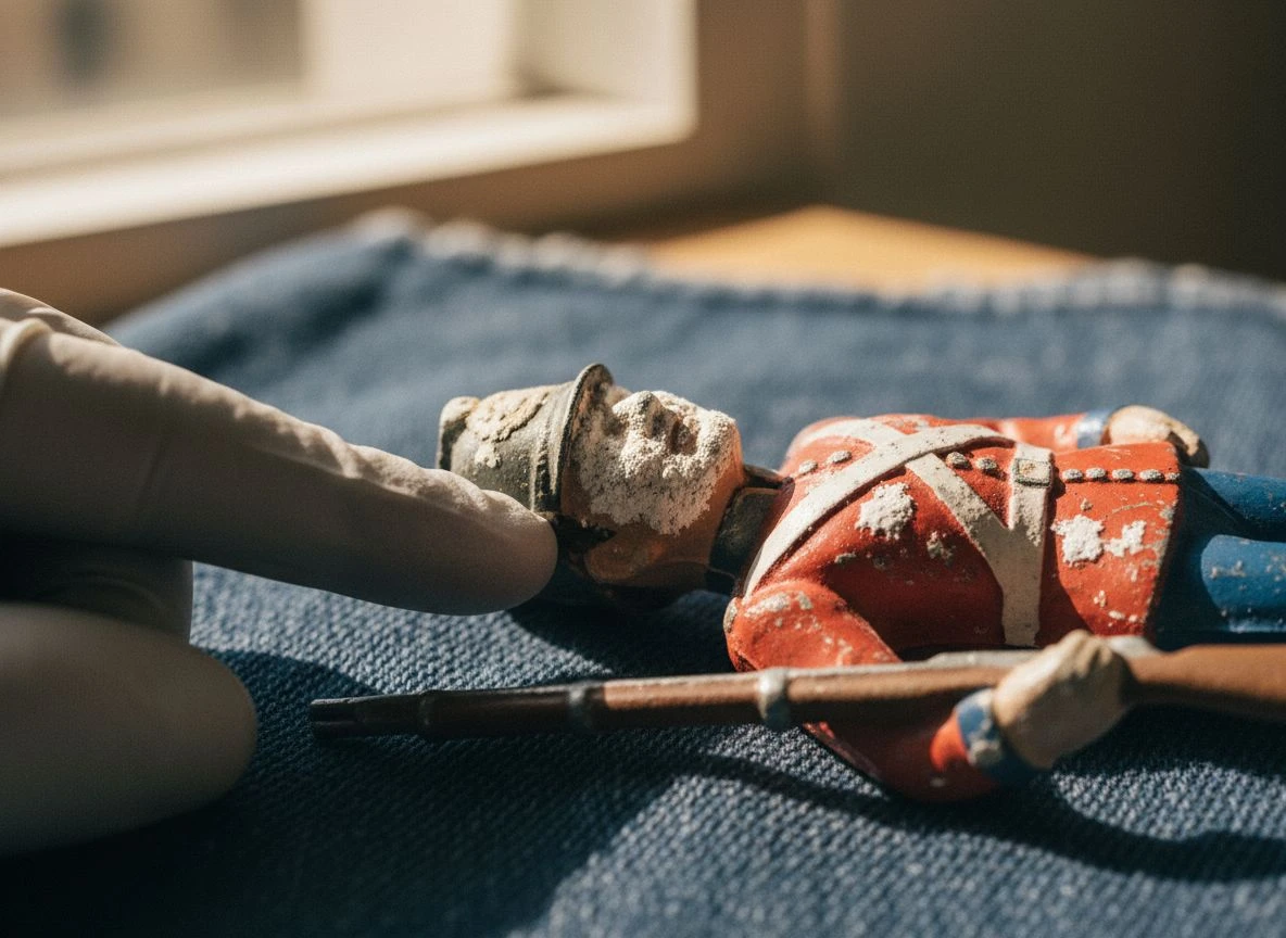 Close-up of lead rot on a toy soldier with gloved finger pointing.