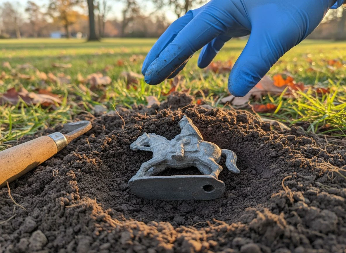 Freshly dug hollow-cast lead toy soldier in soil with gloved hand nearby at golden hour.