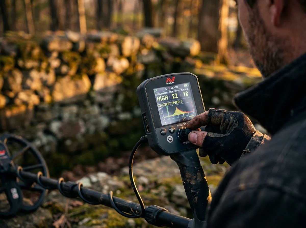 A detectorist's finger adjusting the recovery speed setting on a metal detector screen, with a blurry stone cellar hole in the background.