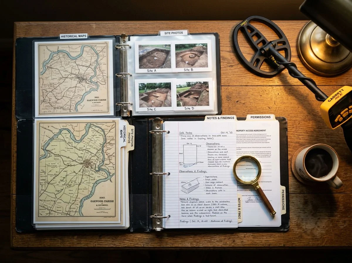 Open research binder with maps, notes, photos, and permission forms arranged in labeled sections on a desk